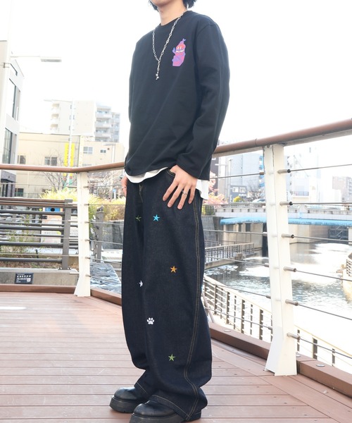 HOOK(フック)の「HOOK -select- 刺繍カーブワイドデニムパンツ(デニムパンツ・メンズ・ブラック・S/M/L)」の7枚目の写真