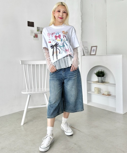SOLLON.（ソルロン）の「ファンシーリボンプリント半袖Tシャツ（Tシャツ/カットソー・レディース・グレー/ホワイト/ネイビー・FREE）」の7枚目の写真