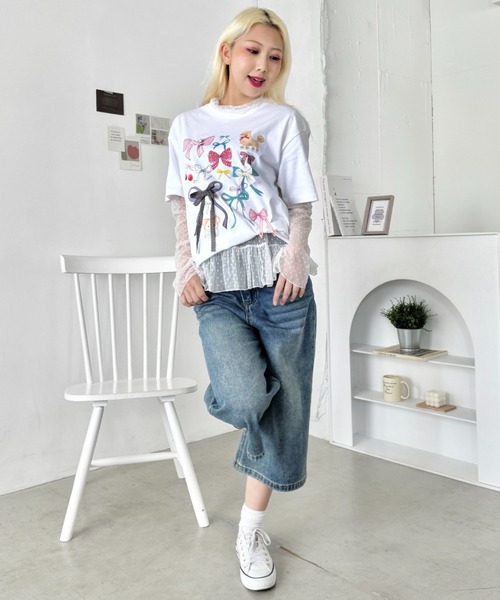 SOLLON.（ソルロン）の「ファンシーリボンプリント半袖Tシャツ（Tシャツ/カットソー・レディース・グレー/ホワイト/ネイビー・FREE）」の8枚目の写真