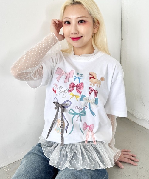 SOLLON.（ソルロン）の「ファンシーリボンプリント半袖Tシャツ（Tシャツ/カットソー・レディース・グレー/ホワイト/ネイビー・FREE）」の6枚目の写真