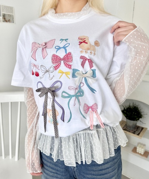 SOLLON.（ソルロン）の「ファンシーリボンプリント半袖Tシャツ（Tシャツ/カットソー・レディース・グレー/ホワイト/ネイビー・FREE）」の4枚目の写真