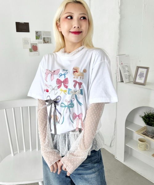SOLLON.（ソルロン）の「ファンシーリボンプリント半袖Tシャツ（Tシャツ/カットソー・レディース・グレー/ホワイト/ネイビー・FREE）」の5枚目の写真
