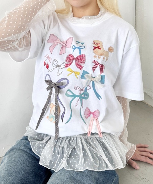 SOLLON.（ソルロン）の「ファンシーリボンプリント半袖Tシャツ（Tシャツ/カットソー・レディース・グレー/ホワイト/ネイビー・FREE）」の17枚目の写真