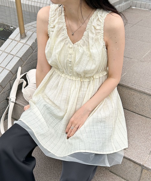 Bab(バブ)の「ラメストライプウエストギャザーチュニック(チュニック・レディース・アイボリー/ライトブルー/ベージュ・M)」の9枚目の写真