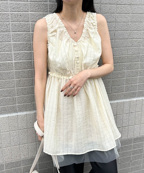 Bab(バブ)の「ラメストライプウエストギャザーチュニック(チュニック・レディース・アイボリー/ライトブルー/ベージュ・M)」の8枚目の写真