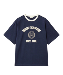 YALE（イェール）の「ニューヘイブングラフィックリンガーTシャツ_ネイビー（Tシャツ/カットソー）」