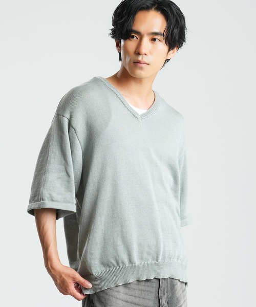 En serio TOKYO(エンソリオトーキョー)の「接触冷感V首半袖ニット(ニット/セーター・メンズ・チャコール/ネイビー/グレー/ブラウン/ブラック/グレイッシュベージュ/サックスブルー・LARGE/X-LARGE/MEDIUM)」の2枚目の写真