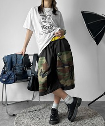 【実は超使える！？】リベットカモバミューダパンツ / バミューダ スウェット オーバーサイズ カモ柄 迷彩 ハーフパンツ 短パン コットン 綿 ストリート 韓国ストリート 着回し ウエストゴム 2カラー ブラック グレー フリーサイズ