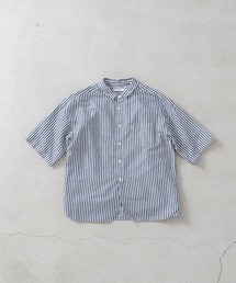 綿麻ストライプ5分袖レギュラーカラーシャツ