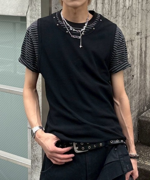 Never mind the XU / Chikashitsu+(ネバーマインド ザ エックスユー / チカシツプラス)の「【nmtc+】Studded Rib Tank Top / 【エヌエムティーシープラス】スタッズリブタンクトップ(タンクトップ・メンズ・ブラック/ホワイト/グレー・ONE SIZE)」の4枚目の写真