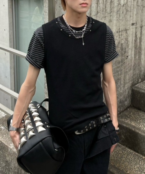 Never mind the XU / Chikashitsu+(ネバーマインド ザ エックスユー / チカシツプラス)の「【nmtc+】Studded Rib Tank Top / 【エヌエムティーシープラス】スタッズリブタンクトップ(タンクトップ・メンズ・ブラック/ホワイト/グレー・ONE SIZE)」の5枚目の写真