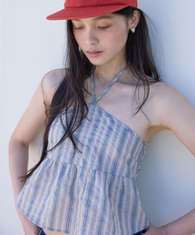 MICHIKO LONDON | ヴィンテージストライプXホルターネックトップグレーシュブルー(Tシャツ/カットソー)
