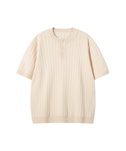 BUTTON SEOUL(ボタンソウル)の「クールビスコースバーティカルリブヘンリーネックハーフニット(3カラー)(Tシャツ/カットソー・メンズ・ネイビー/ベージュ/ブラック・LARGE/MEDIUM/SMALL/X-LARGE)」の1枚目の写真