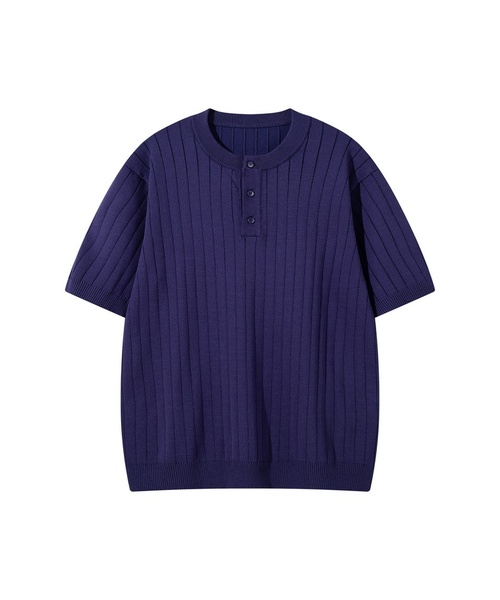 BUTTON SEOUL(ボタンソウル)の「クールビスコースバーティカルリブヘンリーネックハーフニット(3カラー)(Tシャツ/カットソー・メンズ・ネイビー/ベージュ/ブラック・LARGE/MEDIUM/SMALL/X-LARGE)」の3枚目の写真