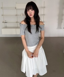 フリル シャーリング ワン オフショルダー 半袖 Tシャツ