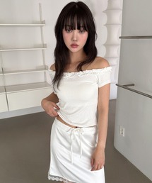 フリル シャーリング ワン オフショルダー 半袖 Tシャツ