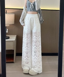 レースウエスト白ワイドパンツ ハイウエスト ストレート 床まで丈 美脚 落ち感抜群 カジュアルパンツ レディース