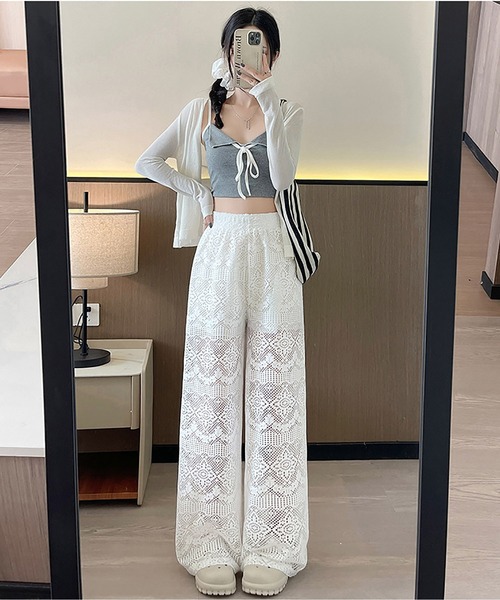 MAISON DE THERESE(メゾン ド テレーズ)の「レースウエスト白ワイドパンツ ハイウエスト ストレート 床まで丈 美脚 落ち感抜群 カジュアルパンツ レディース(その他パンツ・レディース・White・M/L)」の2枚目の写真