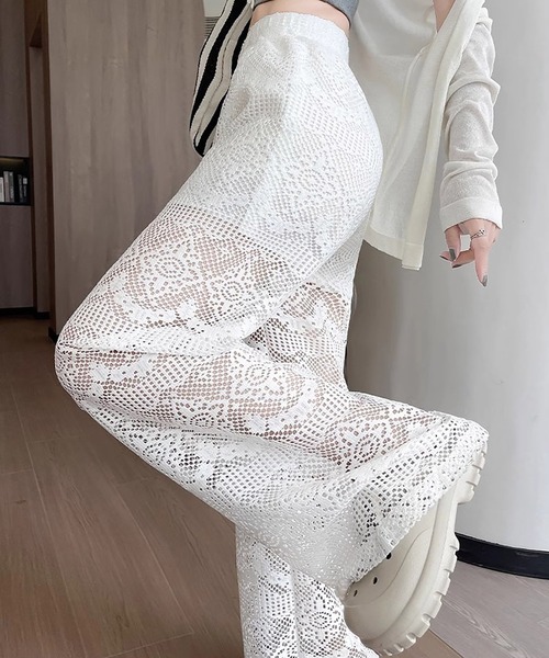 MAISON DE THERESE(メゾン ド テレーズ)の「レースウエスト白ワイドパンツ ハイウエスト ストレート 床まで丈 美脚 落ち感抜群 カジュアルパンツ レディース(その他パンツ・レディース・White・M/L)」の4枚目の写真