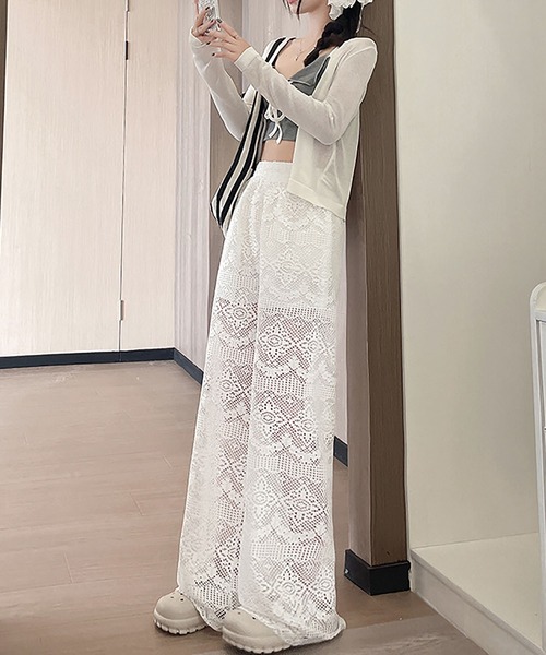 MAISON DE THERESE(メゾン ド テレーズ)の「レースウエスト白ワイドパンツ ハイウエスト ストレート 床まで丈 美脚 落ち感抜群 カジュアルパンツ レディース(その他パンツ・レディース・White・M/L)」の5枚目の写真
