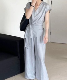 Vネックリボントップス&ワイドパンツセットアップ