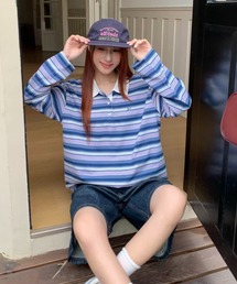 T.FOX （ティーフォックス）の「26aw ユニサックス/ワンポイント刺繍マルチボーダーオーバーサイズポロシャツ（ポロシャツ）」