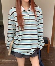 T.FOX （ティーフォックス）の「26aw ユニサックス/ワンポイント刺繍マルチボーダーオーバーサイズポロシャツ（ポロシャツ）」
