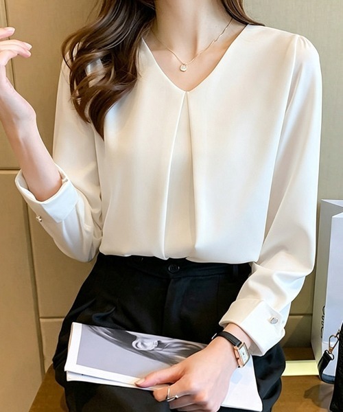 ONEP STAR(ワンピスター)の「フロントタックVネックシャツブラウス(シャツ/ブラウス・レディース・グレイッシュブルー/ホワイト・X-LARGE/LARGE/MEDIUM)」の12枚目の写真