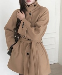 ハイネック ウエストマーク ウール ロングコート
