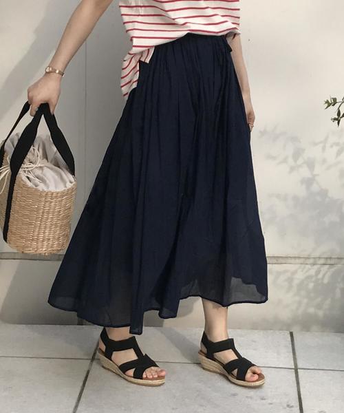 coen（コーエン）の「【『リンネル』2017/6月号掲載】ボイルEASYギャザースカート（スカート・レディース・ベージュ/ネイビー/ストライプ・FREE）」の2枚目の写真