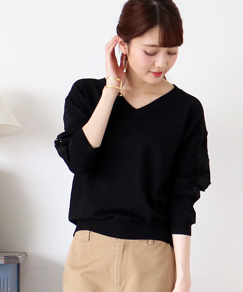 N.（N. Natural Beauty Basic）（エヌエヌナチュラルビューティーベーシック）の「レーススリーブニット（ニット/セーター・レディース・ホワイト/レッド/ブラック/ブルー・MEDIUM）」の3枚目の写真