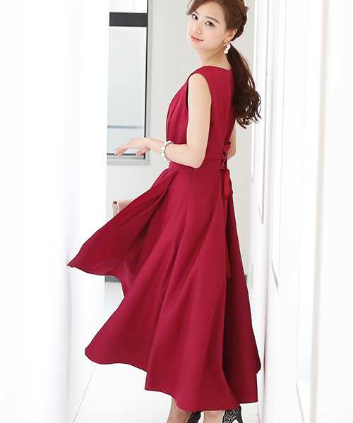 PourVous（プールヴー）の「ラップ スカート ミモレット ロング スカート 結婚式 ワンピースドレス 大きいサイズ 対応 フォーマル オケージョンドレス お呼ばれ 二次会 成人式 （ドレス・レディース・ボルドー/ネイビー・M）」の6枚目の写真