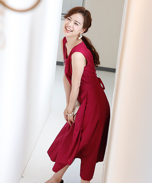 PourVous（プールヴー）の「ラップ スカート ミモレット ロング スカート 結婚式 ワンピースドレス 大きいサイズ 対応 フォーマル オケージョンドレス お呼ばれ 二次会 成人式 （ドレス・レディース・ボルドー/ネイビー・M）」の9枚目の写真