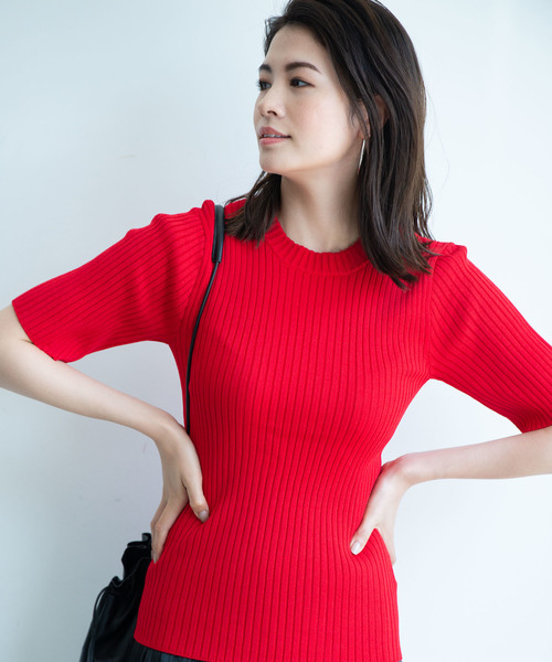 Aunt Marie's(アントマリーズ)の「AUNT MARIE'S レーヨン混ハーフスリーブリブサマーニット(Tシャツ/カットソー・レディース・ホワイト/ブラック/レッド/グリーン・FREE)」の15枚目の写真