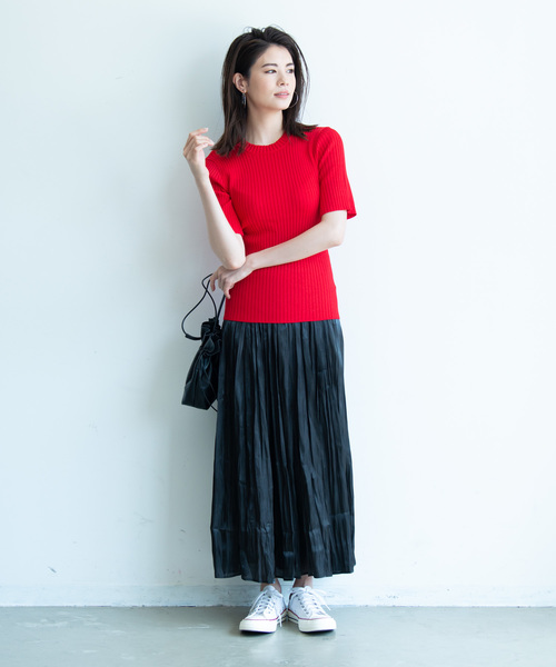 Aunt Marie's(アントマリーズ)の「AUNT MARIE'S レーヨン混ハーフスリーブリブサマーニット(Tシャツ/カットソー・レディース・ホワイト/ブラック/レッド/グリーン・FREE)」の10枚目の写真