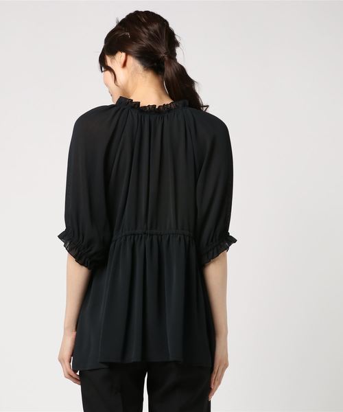 rps（アールピーエス）の「楊柳シフォンフリルハイネック前開きブラウス（シャツ/ブラウス・レディース・ブラック/オフホワイト/ブルー・M）」の5枚目の写真