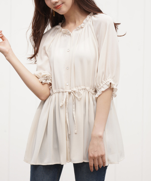 rps（アールピーエス）の「楊柳シフォンフリルハイネック前開きブラウス（シャツ/ブラウス・レディース・ブラック/オフホワイト/ブルー・M）」の2枚目の写真