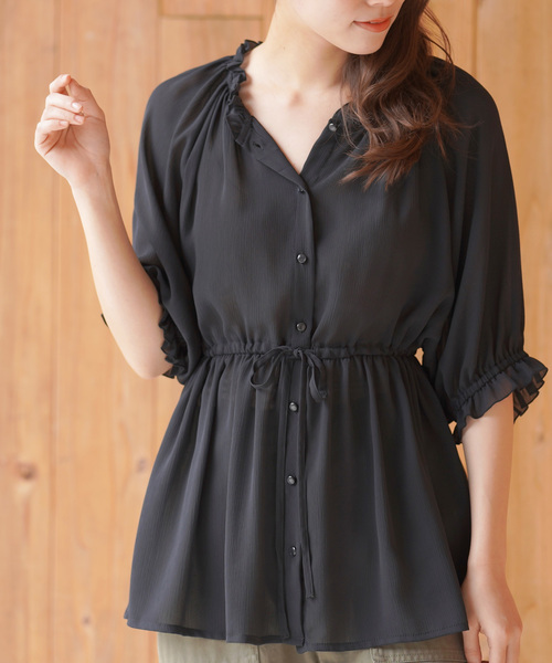 rps（アールピーエス）の「楊柳シフォンフリルハイネック前開きブラウス（シャツ/ブラウス・レディース・ブラック/オフホワイト/ブルー・M）」の3枚目の写真