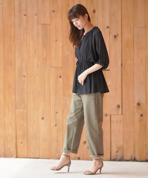 rps（アールピーエス）の「楊柳シフォンフリルハイネック前開きブラウス（シャツ/ブラウス・レディース・ブラック/オフホワイト/ブルー・M）」の6枚目の写真