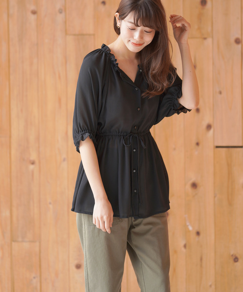 rps（アールピーエス）の「楊柳シフォンフリルハイネック前開きブラウス（シャツ/ブラウス・レディース・ブラック/オフホワイト/ブルー・M）」の7枚目の写真