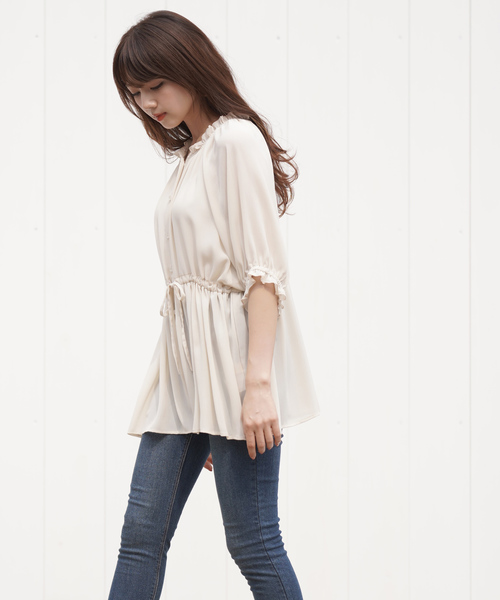 rps（アールピーエス）の「楊柳シフォンフリルハイネック前開きブラウス（シャツ/ブラウス・レディース・ブラック/オフホワイト/ブルー・M）」の9枚目の写真