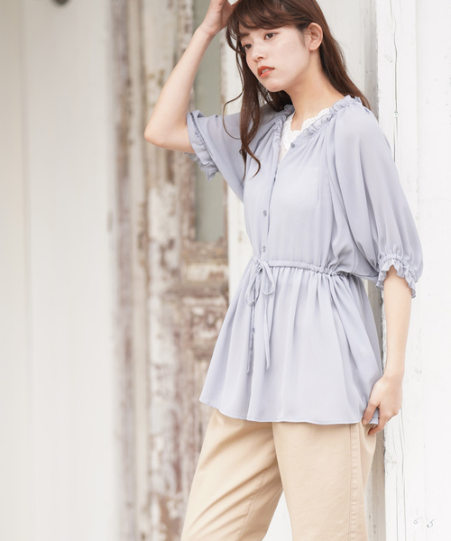 rps（アールピーエス）の「楊柳シフォンフリルハイネック前開きブラウス（シャツ/ブラウス・レディース・ブラック/オフホワイト/ブルー・M）」の11枚目の写真