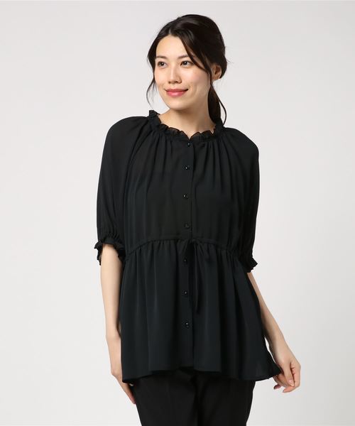 rps（アールピーエス）の「楊柳シフォンフリルハイネック前開きブラウス（シャツ/ブラウス・レディース・ブラック/オフホワイト/ブルー・M）」の13枚目の写真