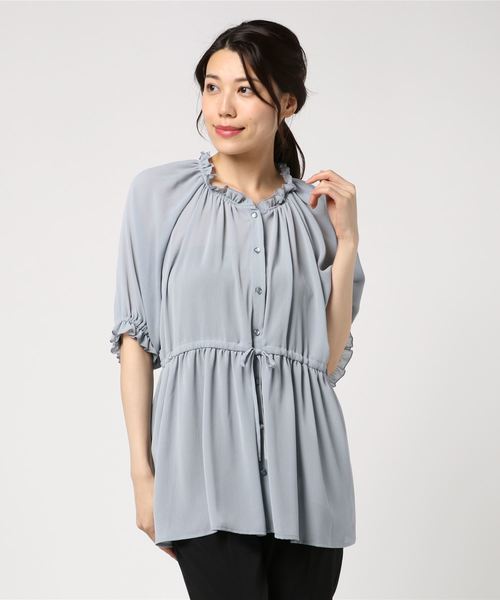 rps（アールピーエス）の「楊柳シフォンフリルハイネック前開きブラウス（シャツ/ブラウス・レディース・ブラック/オフホワイト/ブルー・M）」の14枚目の写真