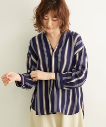 【新色追加】ランダムストライプキーネックブラウス