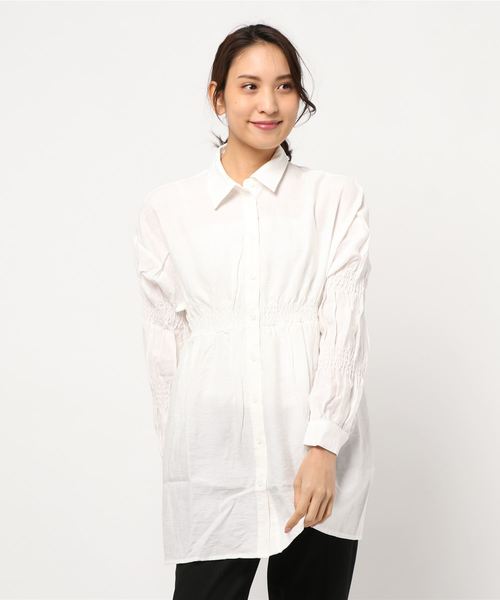 STYLEBLOCK（スタイルブロック）の「クレープギャザースリーブロングシャツ（シャツ/ブラウス・レディース・ホワイト/ブラック/ミント/ライトベージュ・M）」の2枚目の写真