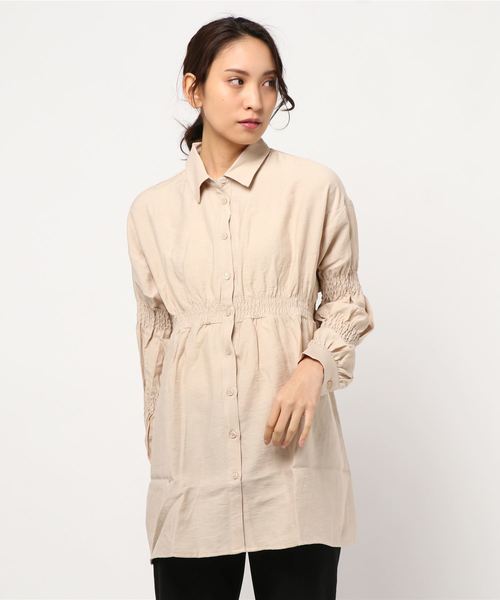 STYLEBLOCK（スタイルブロック）の「クレープギャザースリーブロングシャツ（シャツ/ブラウス・レディース・ホワイト/ブラック/ミント/ライトベージュ・M）」の7枚目の写真