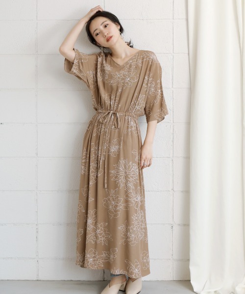 極美品♡ルネ♡フラワープリント　ワンピース セール】 フラワープリントロングスリーブVネックワンピース