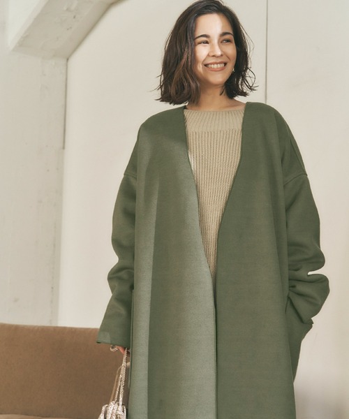 titivate（ティティベイト）の「ｳｰﾙﾗｲｸﾉｰｶﾗｰｶﾞｳﾝｺｰﾄ（ノーカラーコート・レディース・ホワイト系その他/グレイッシュベージュ/グリーン・S/M）」の3枚目の写真