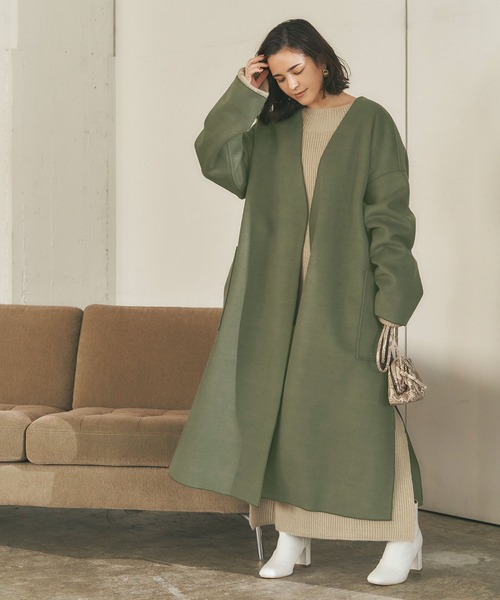 titivate（ティティベイト）の「ｳｰﾙﾗｲｸﾉｰｶﾗｰｶﾞｳﾝｺｰﾄ（ノーカラーコート・レディース・ホワイト系その他/グレイッシュベージュ/グリーン・S/M）」の5枚目の写真